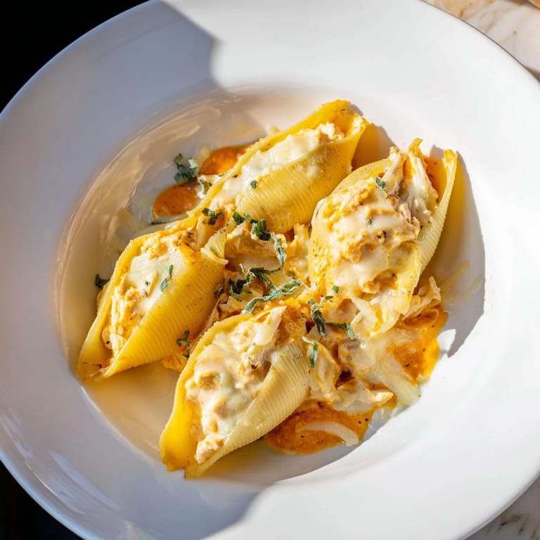 Perfectly plated Pumpkin & Gouda Stuffed Shells, a vegetarian Italian-American comfort food delight.