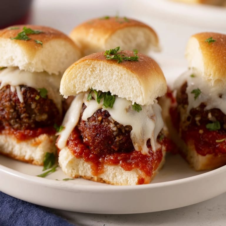Warm marinara sauce coats baked Easy Christmas Meatball Sliders, a crowd-pleasing appetizer you'll love.