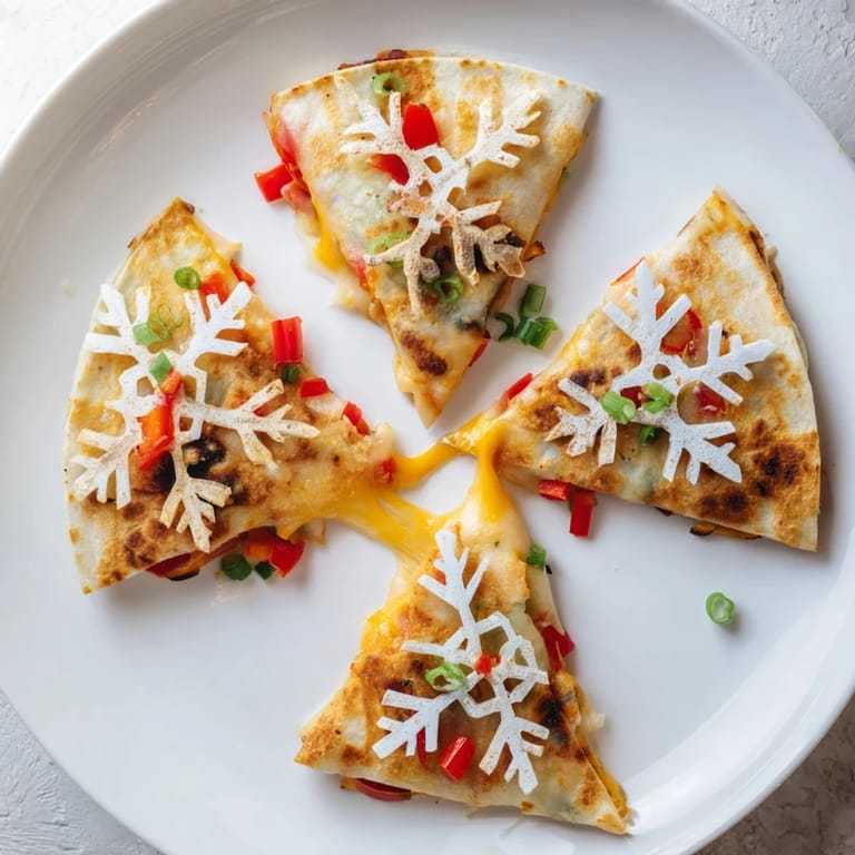 Festive Express Snowflake Quesadillas: Melting cheese and colorful fillings inside, ready to serve with salsa.