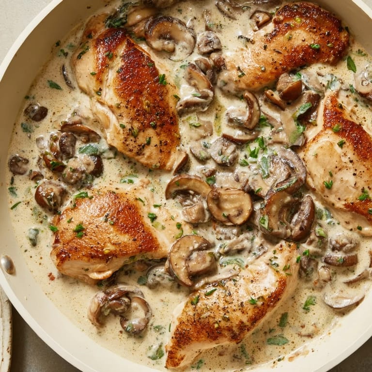 Aromatic tarragon chicken & mushroom skillet, featuring tender chicken in a creamy, savory, one-pan meal.