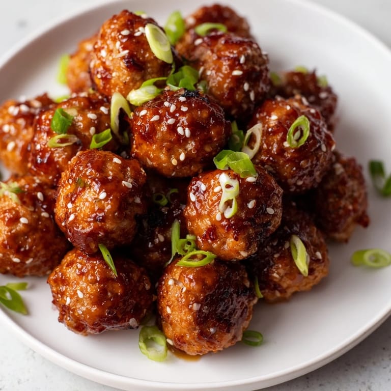 These flavorful Spicy Honey-Glazed Chicken Meatballs have a glistening glaze and green onion garnish.