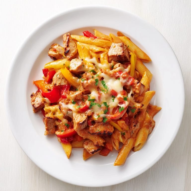 A close-up of a bubbling Salsa Chicken Pasta, highlighting the melted cheese and flavorful sauce.