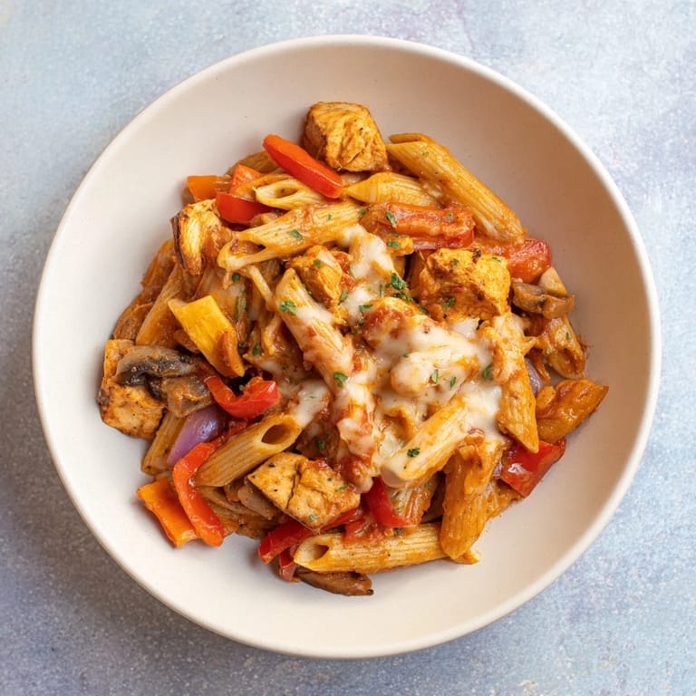 Colorful baked Salsa Chicken Pasta with herbs, alongside a green salad for a complete, satisfying dinner.