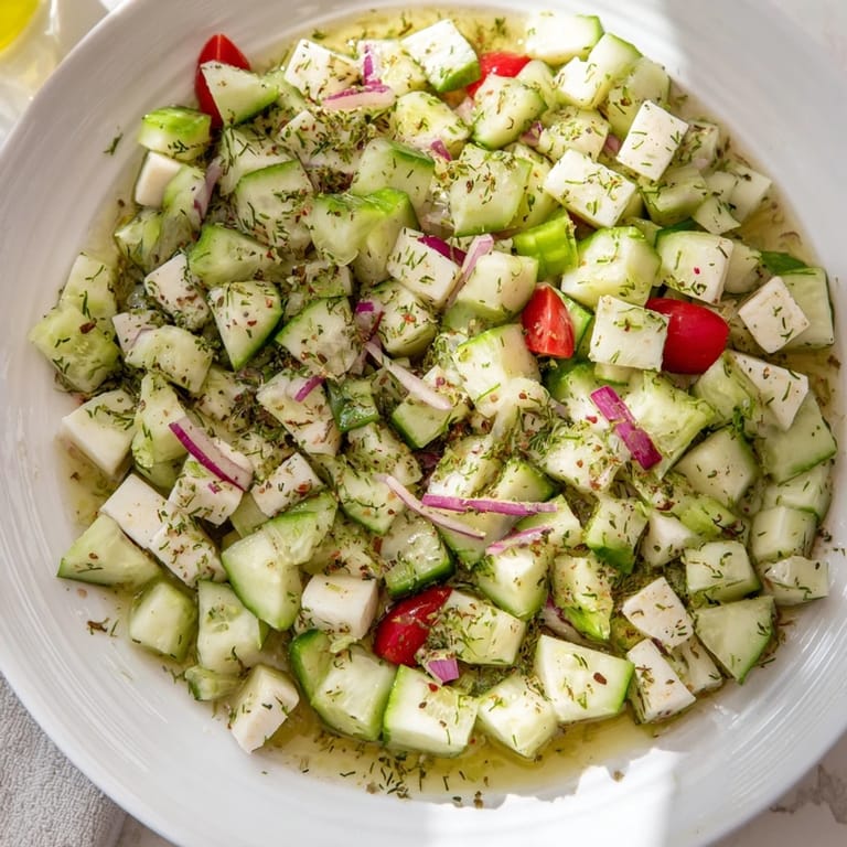 A close-up shot of a bright Simple Cucumber and Dill Chopped Salad, showing the crisp, refreshing ingredients.