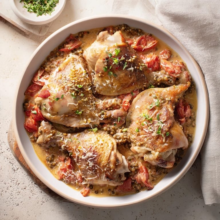 Close-up of High-Protein Marry Me Chicken and Chickpeas, showcasing tender chicken and bubbly, creamy sauce.