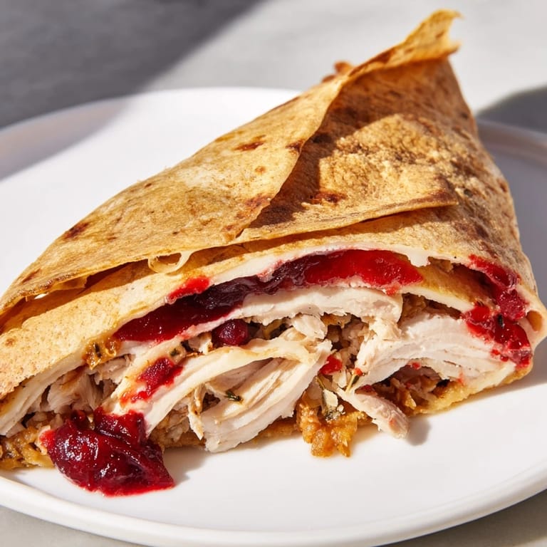 Melted cheese oozes from inside the folded Turkey, Stuffing & Cranberry leftovers tortilla masterpiece.
