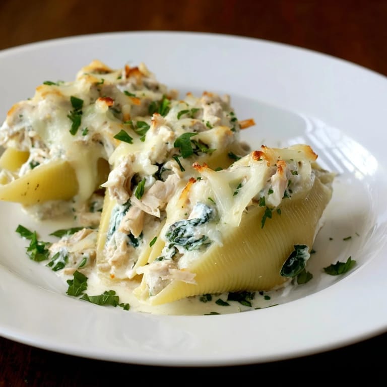 A top-down shot of High-Protein Cottage Cheese Alfredo Christmas Shells baked in a dish, with melted cheese.
