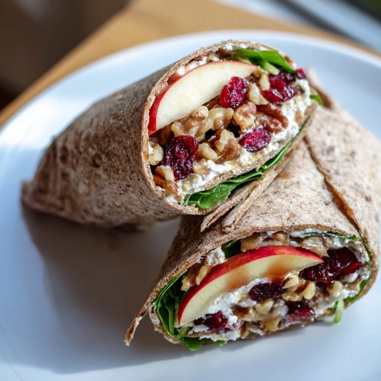See the delicious layers of the Cranberry Goat Cheese & Walnut Holiday Wrap before you, ready for a delicious bite.