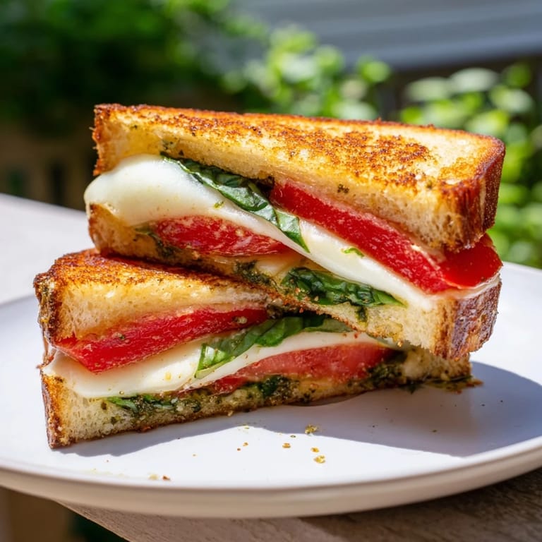 Crispy-grilled Caprese Pesto Panini-Style Grilled Cheese, a delicious vegetarian lunch, served warm with basil.