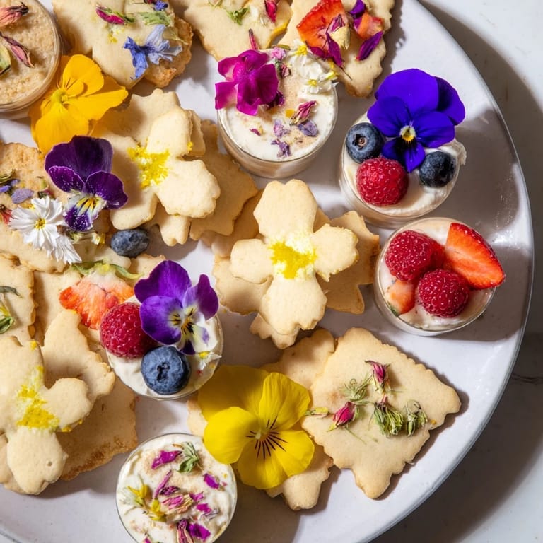 Delicate edible flowers adorn the Spring Flower Dessert Tray, a colorful and delicious dessert assortment.