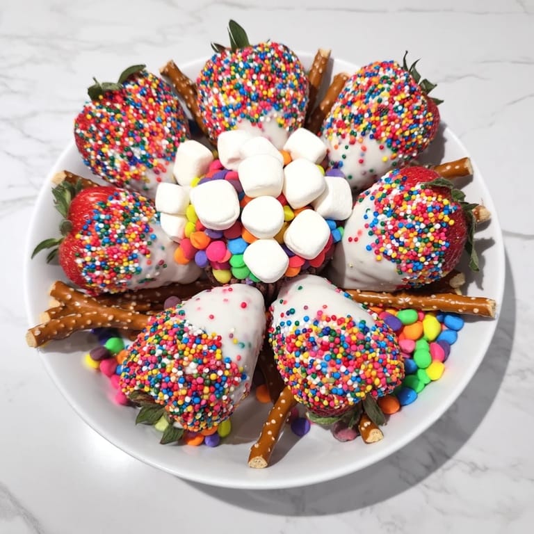 Vibrant Rainbow Sprinkle Party Board boasts colorful treats for dipping and a shared dessert experience.