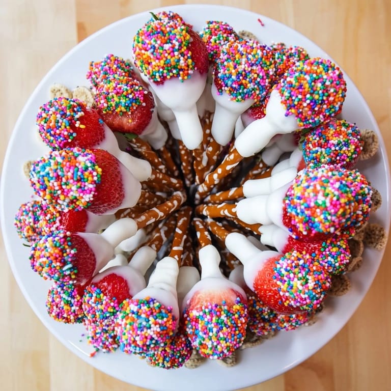 A close-up of a shareable Rainbow Sprinkle Party Board, overflowing with colorful, delicious sweets.