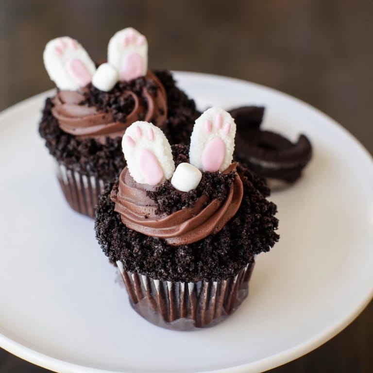 Playful Bunny Burrow cupcakes feature fondant bunny feet peeking from cookie "soil" around the cake.