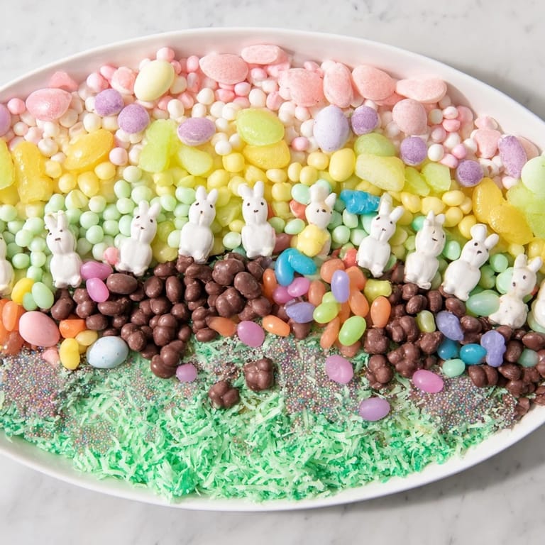A vibrant Egg-Shaped Candy Platter showcasing an array of sweets like marshmallow chicks for your Easter celebration.