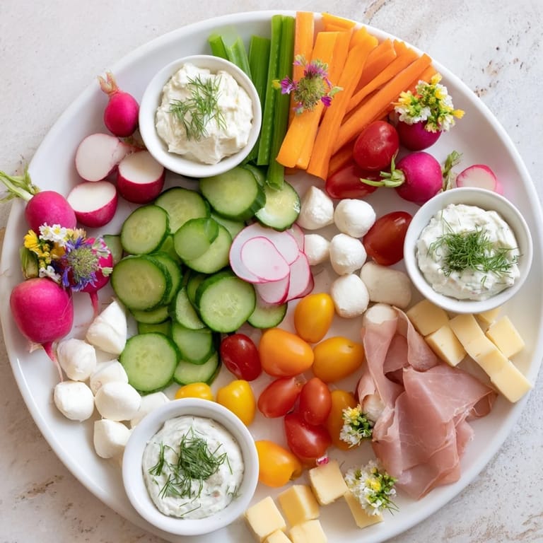 Delicious Spring Wreath Appetizer Platter arranged with colorful vegetables, perfect for a spring party.