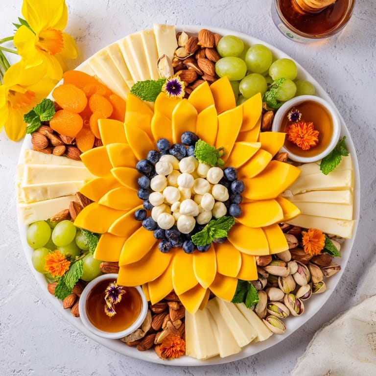 A beautifully arranged Daffodil Cheese Board, featuring creamy brie and sharp cheddar, ready to serve.