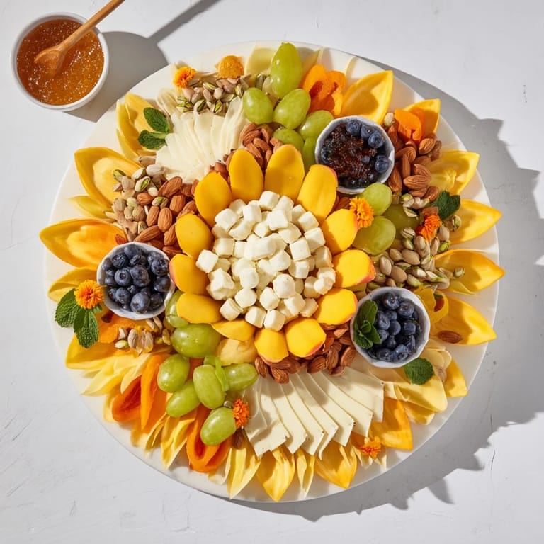 Enjoy a delicious Daffodil Cheese Board with varied cheese, fruit, and nutty textures for a delightful appetizer.