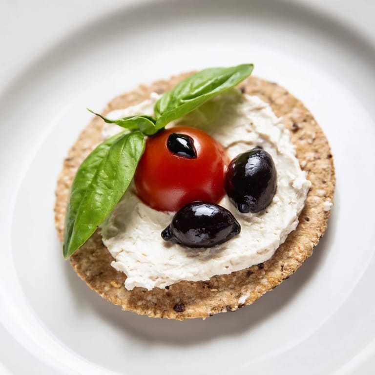 Close-up of Ladybug Love Picnic Finger Foods; crackers topped with tomatoes, olives, cream cheese, and basil.