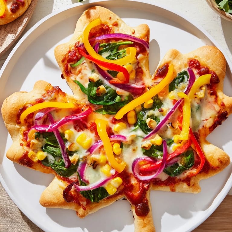 Golden, bubbly Fall Foliage Maple Leaf Mini Pizzas, showcasing a tasty maple-infused tomato sauce and fresh vegetables.