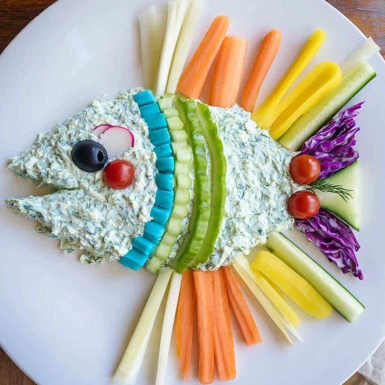 A beautifully arranged Ocean Blue Fish-Shaped Dip Tray, filled with dips and crisp veggies, ready for dipping.