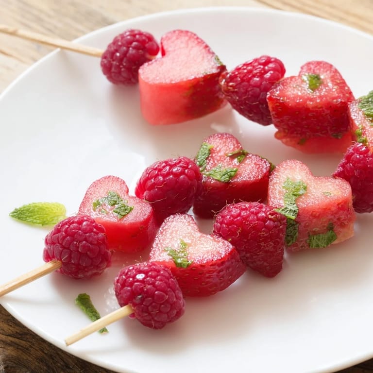 Sweet red heart fruit skewers made with fresh strawberries, watermelon, and raspberries, a refreshing treat.