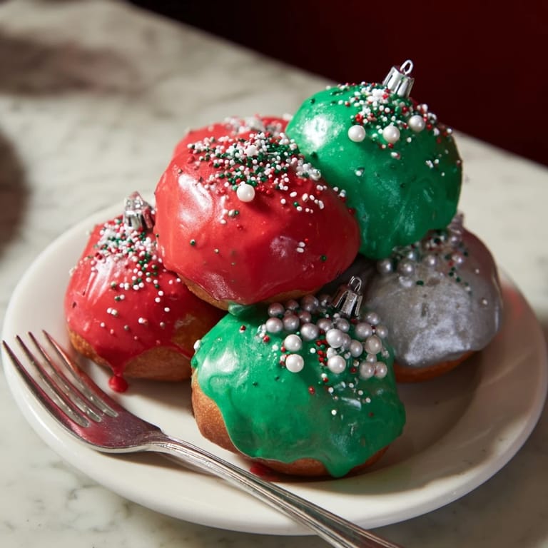 Freshly fried Christmas Ornament Beignets, soft inside and beautifully shaped for holiday treats, ready to eat.