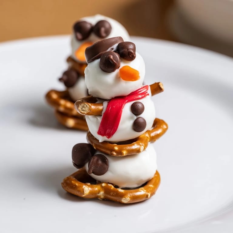 A delightful photo of a snowman pretzel and dip platter: crunchy pretzels arranged as wintery snowmen.