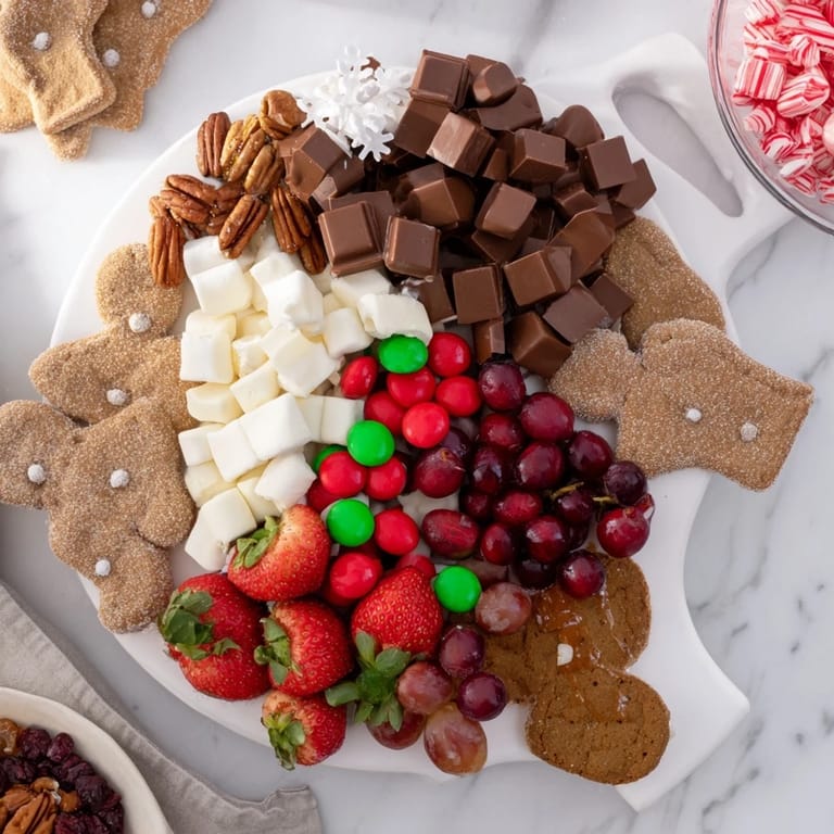 Imagine the charming Cozy Mitten Dessert Board: cookies, chocolates, and fruits arranged for holiday snacking.