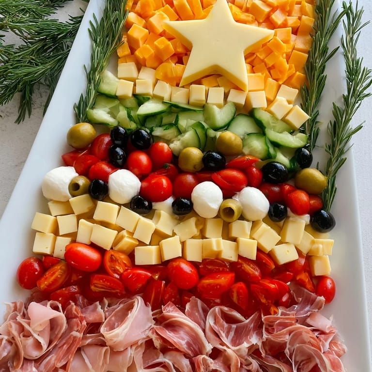 Delicious Christmas Tree Charcuterie Board appetizer, beautifully arranged with colorful cheeses, meats, and olives.