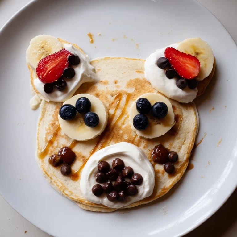A whimsical Polar Bear Pancake Stack visually delights with creamy yogurt snouts and chocolate chip eyes for kids.