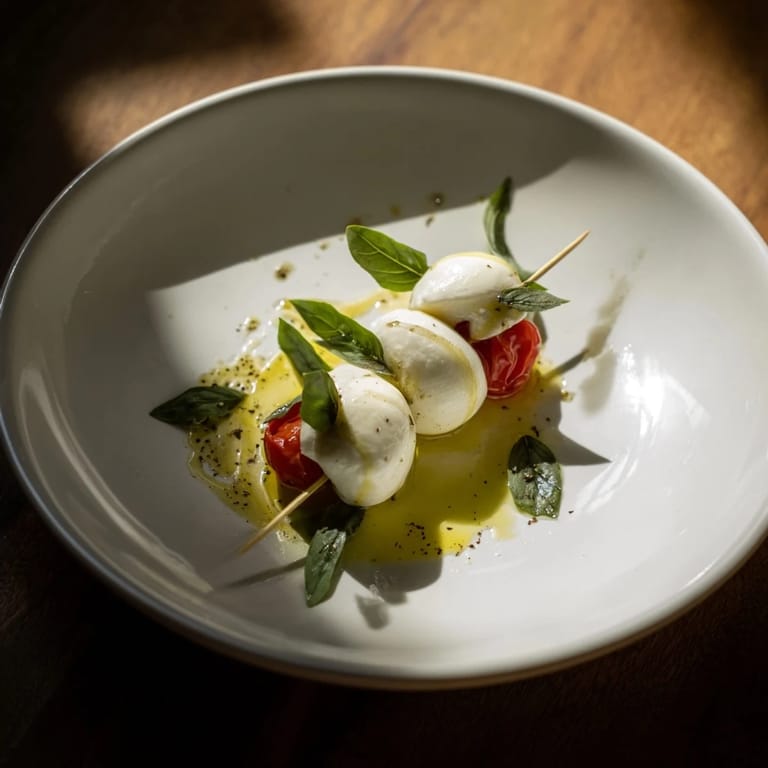 These Caprese skewers showcase star-shaped mozzarella, basil leaves, and ripe tomatoes, perfectly arranged for an Italian appetizer.