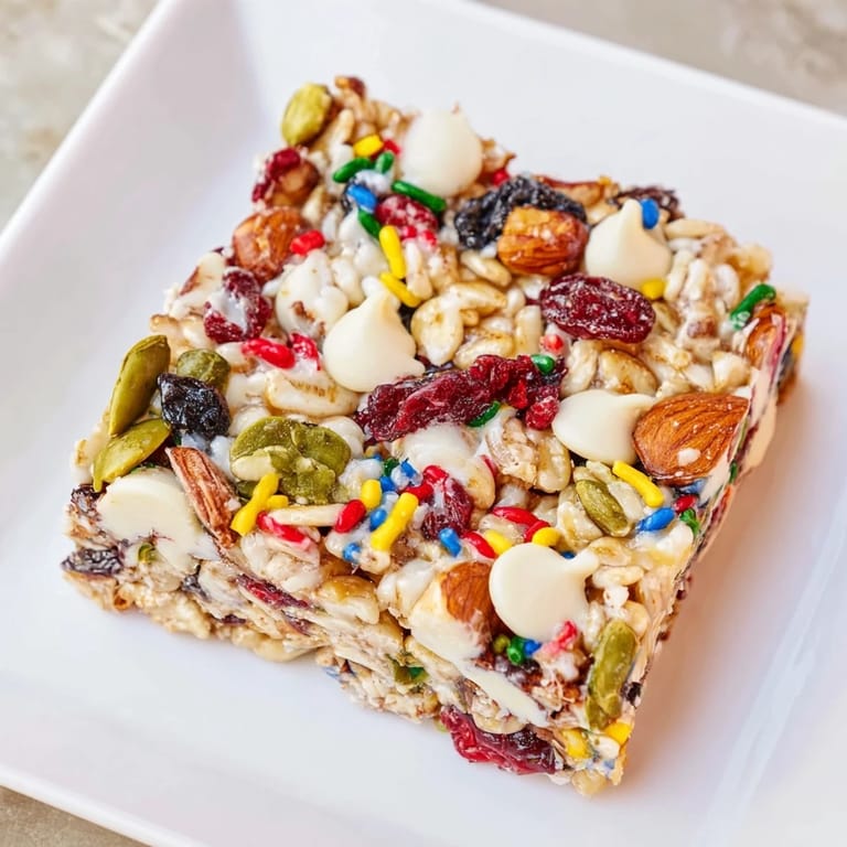 A close-up of a delightful Winter Wonderland Trail Mix Bar, with visible dried fruit and nuts.