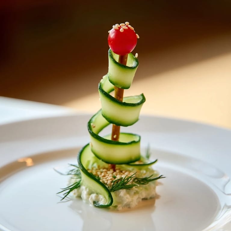 Festive spiral cucumber ribbon Christmas trees, herbed cream cheese, and perfect holiday party food.