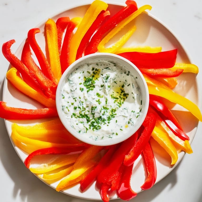 Colorful platter of bell pepper strips surrounding a bowl of tangy Greek yogurt dip for dipping.