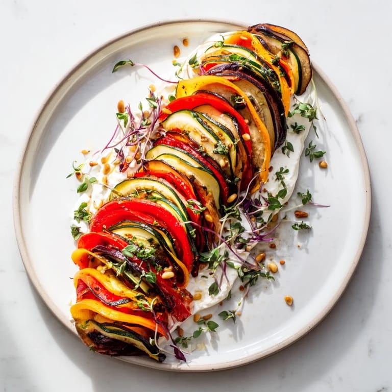 Vibrant The Snail Shell Spiral, showcasing colorful roasted vegetables and creamy goat cheese filling.