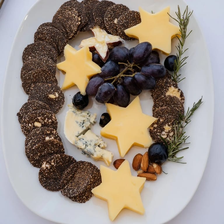 This Crescent Moon & Stars Cheese Board boasts a delightful arrangement with dark crackers, grapes, and flavorful cheeses.