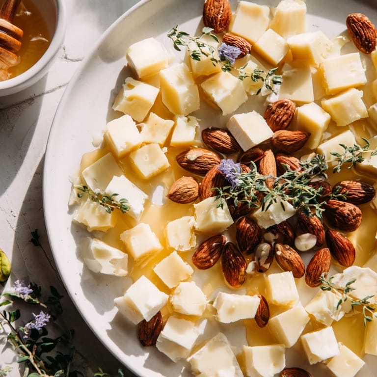 Geometric Honeycomb Hexagon Maze appetizer: creamy cheeses artfully arranged with crunchy nuts and drizzled honey.