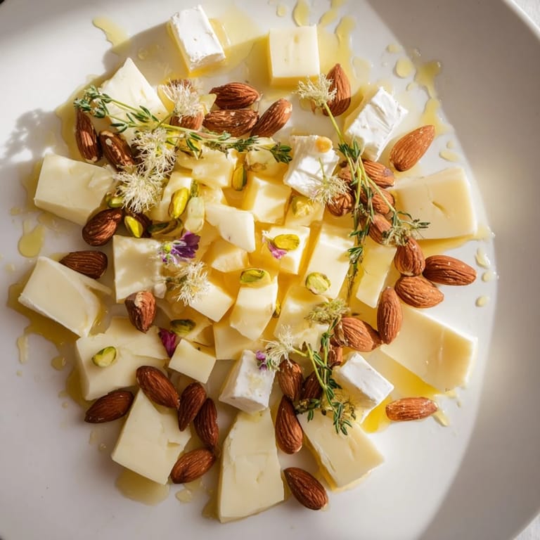 Elegant Honeycomb Hexagon Maze, a delectable cheese board with contrasting textures and drizzled golden honey.