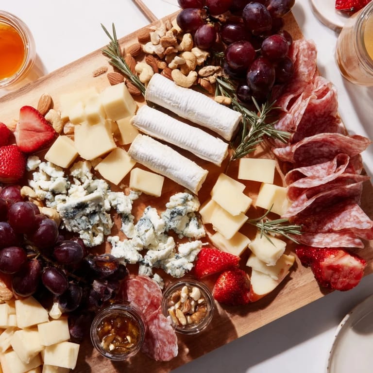 Delectable cheeses, fresh fruits, and cured meats form the beautiful Waterfall Edge Grazing Board display.