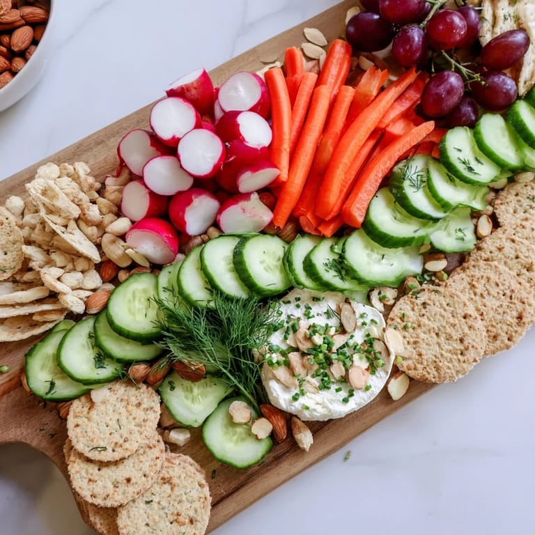 Symmetrically arranged The Zen Balance recipe, showcasing fresh ingredients and gluten-free crackers on a platter.