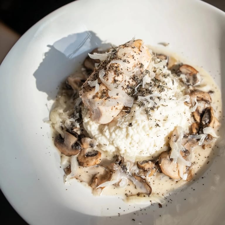 Imagine a plate of the Ghostly Gala, where white mushrooms and pepper create dramatic shadows.