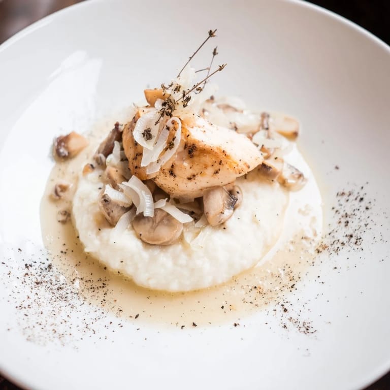 Elegant plated Ghostly Gala features perfectly cooked chicken with a luscious cauliflower base, ready to enjoy.