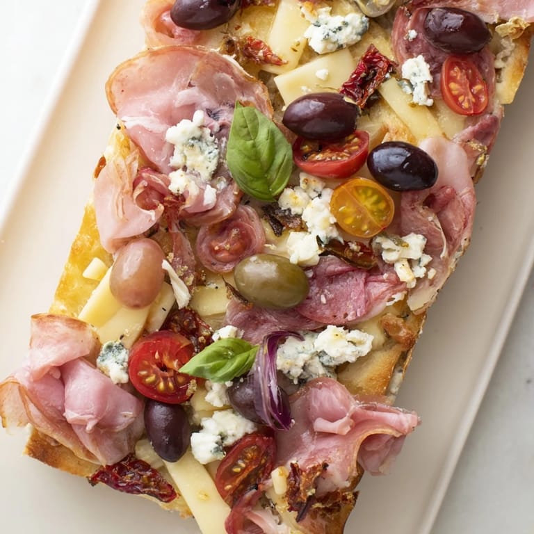 Golden-baked flatbreads, The Rustic Raft, are piled high with meats, cheeses, and fresh accompaniments.