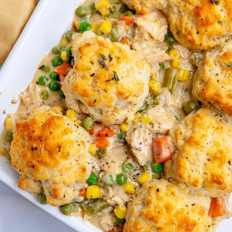 Creamy chicken and vegetable filling topped with golden biscuits in this comforting Chicken Cobbler creation.