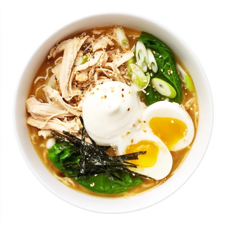 Homemade Chicken Ramen with Kewpie Mayo, featuring tender chicken and a swirl of mayonnaise in the savory broth.