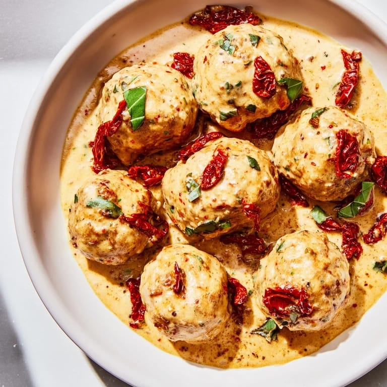Close-up of golden-brown Marry Me Chicken Meatballs simmering in a rich, flavorful sauce.