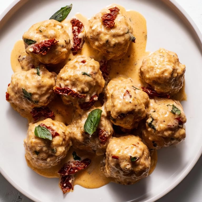 A plate of delicious Marry Me Chicken Meatballs with basil garnish, perfect for dinner tonight.