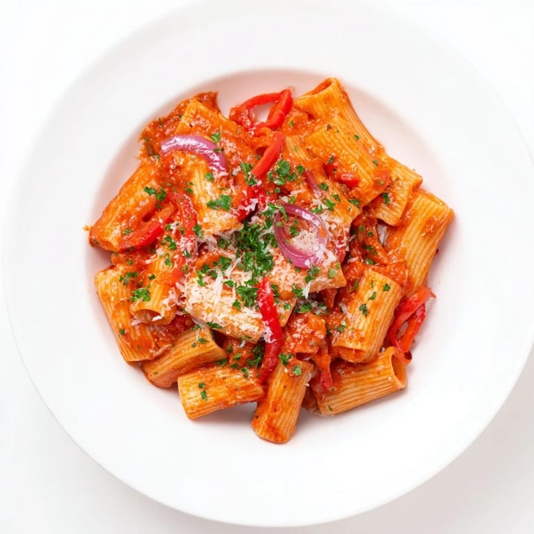 Finished bowl of One-Pot Diavola Spicy Pasta garnished with Parmesan, inviting aroma of Italian cuisine.