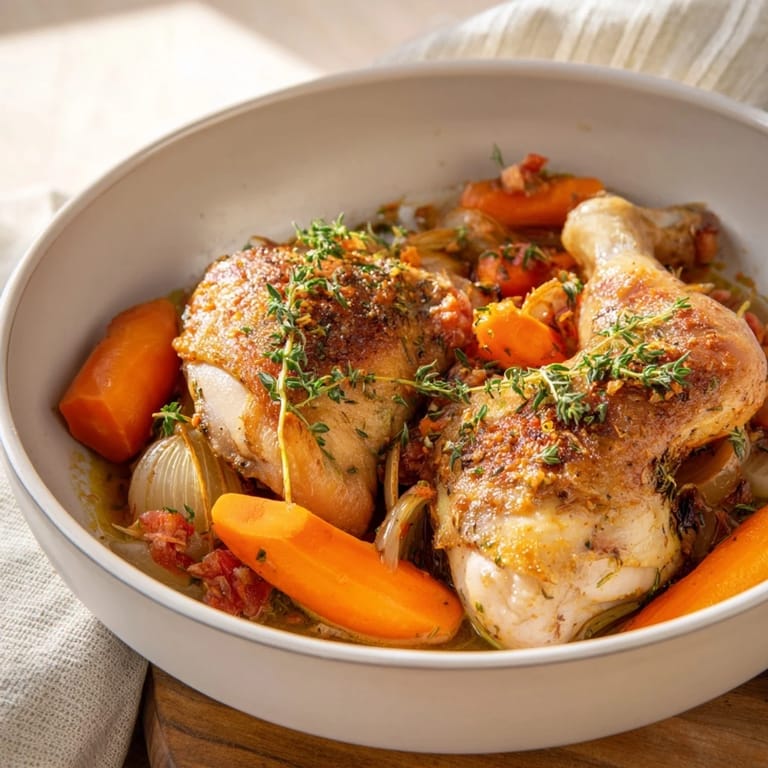 Golden-brown chicken and vegetables simmer in a pot, the Georgia Pot Roast Chicken, ready for serving.