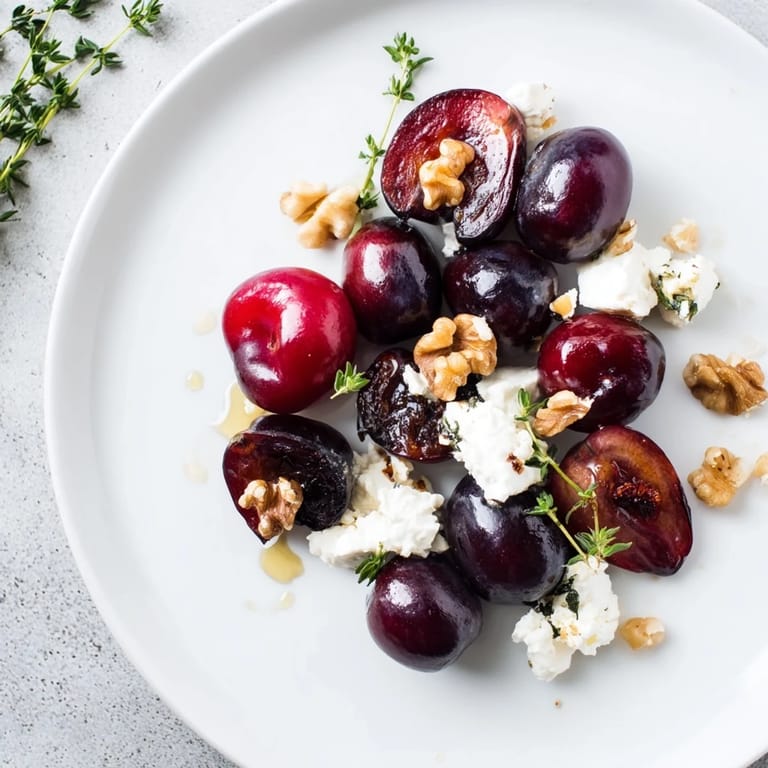 Vibrant The Midnight Orchard showcase: juicy plums, grapes, and ash-covered goat cheese ready to enjoy.